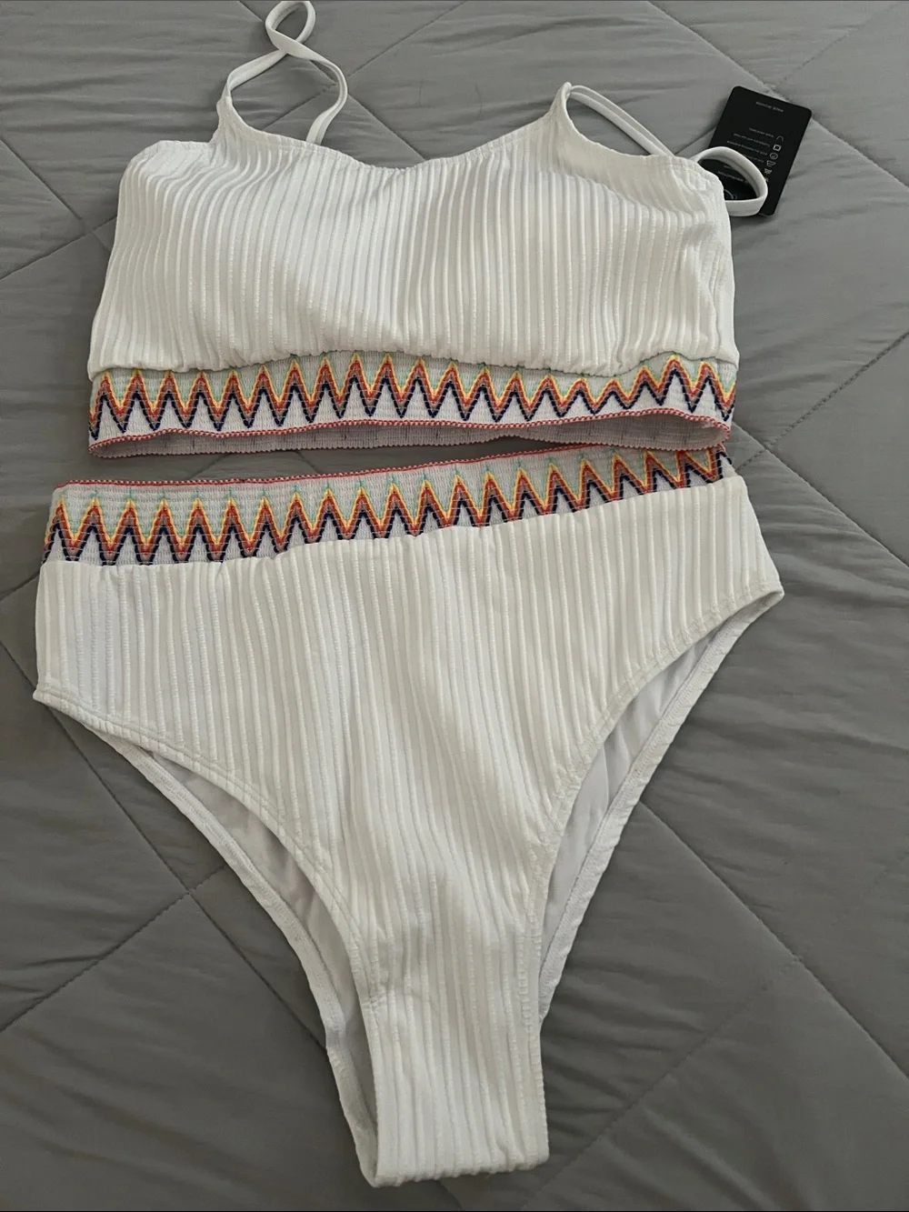 White Ribbed 2 Piece Swimsuit with Colorful Zigzag Trim
